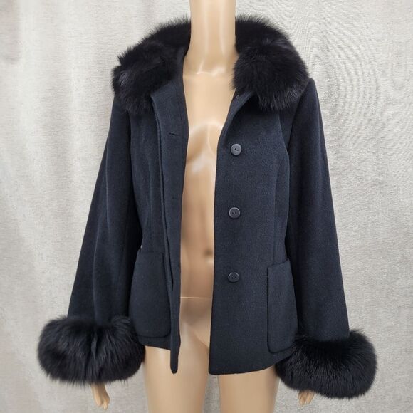 Patty Lewis Vintage Cashmere Wool Elegant Black Fur Trimmed Women's Jacket Coat - Picture 7 of 11